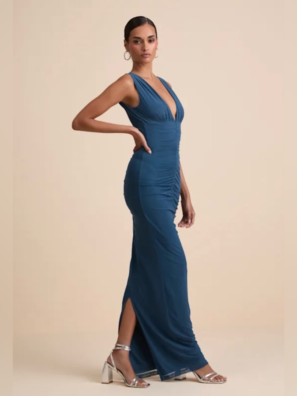 Lulus Aveline Dark Slate Jersey Knit Ruched Bodycon Maxi Dress XL NWT